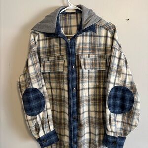 Gilded Intent Cream and Blue Plaid Hooded Shacket with Navy Elbow Patches